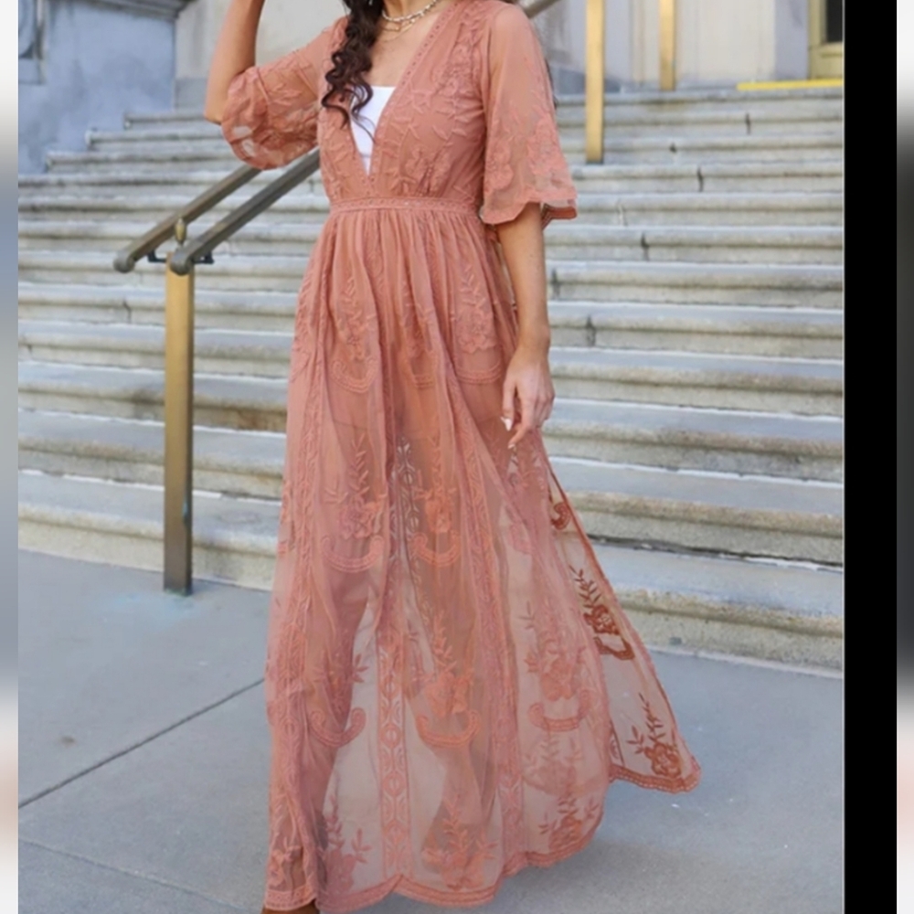 Socialite Terracotta Lace Overlay Romper Dress *